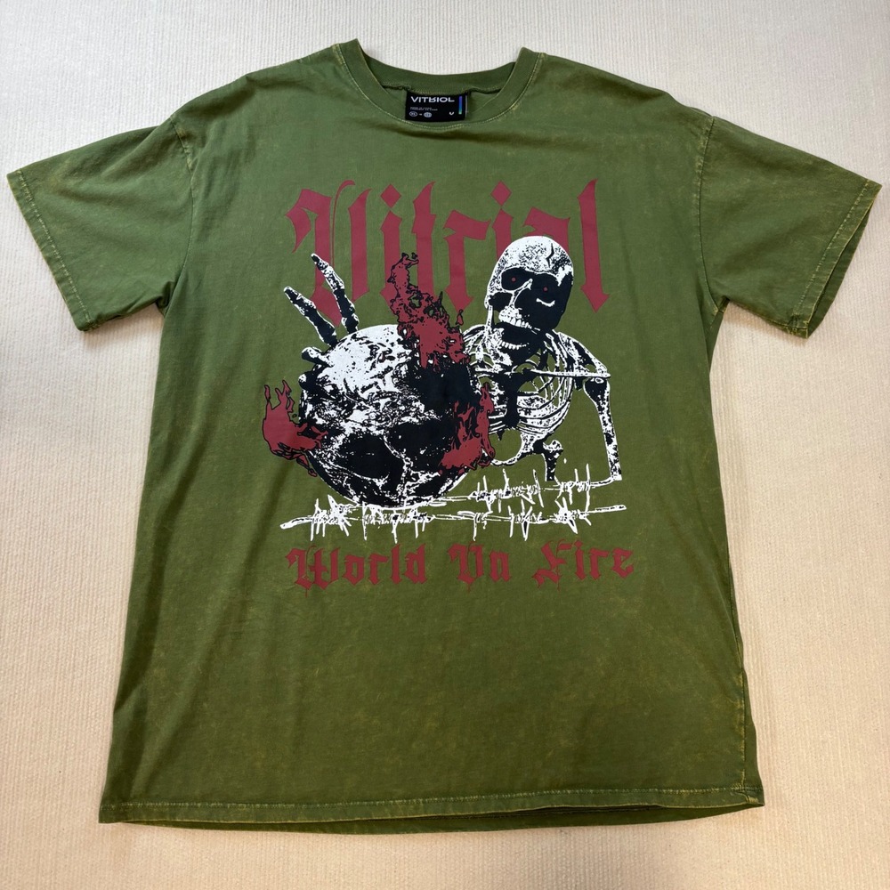 Vitriol World On Fire Skeleton Graphic Tee Olive Green‎ Mineral Wash